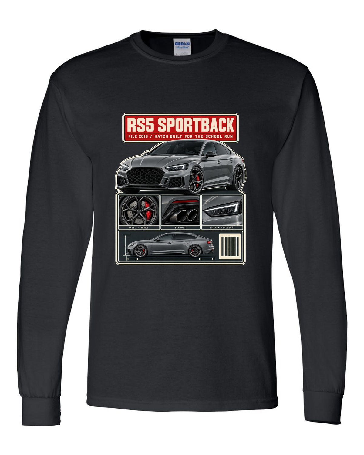 Audi RS5 Sportback B9 dossier panel print design black long sleeve front view with the design