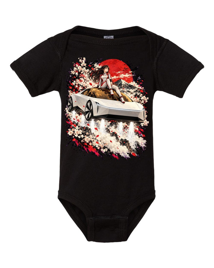 Tesla Roadster Rooftop Anime Girl Baby Onesie Black front