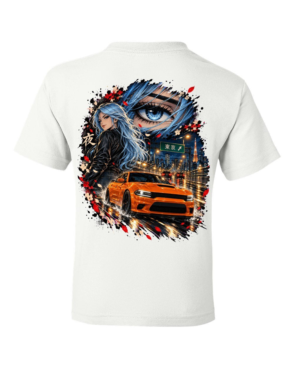 Dodge Charger Hellcat Anime Girl Kids Tee White back