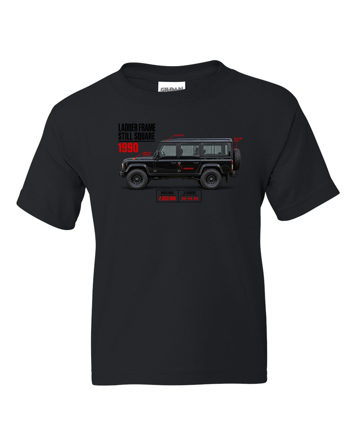print spec poster of a Mercedes G-Class W463 with text ladder frame, 1990, still square black kids tee front view with the design