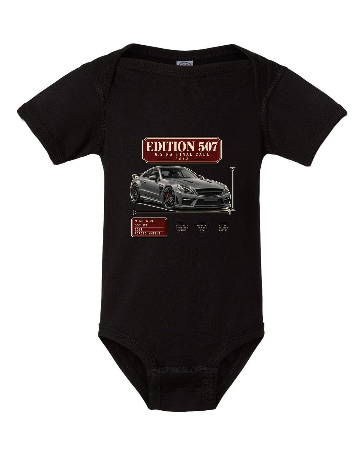 Archive panel print of a matte grey Mercedes-AMG C63 Edition 507 C204 black baby onesie front view with the design