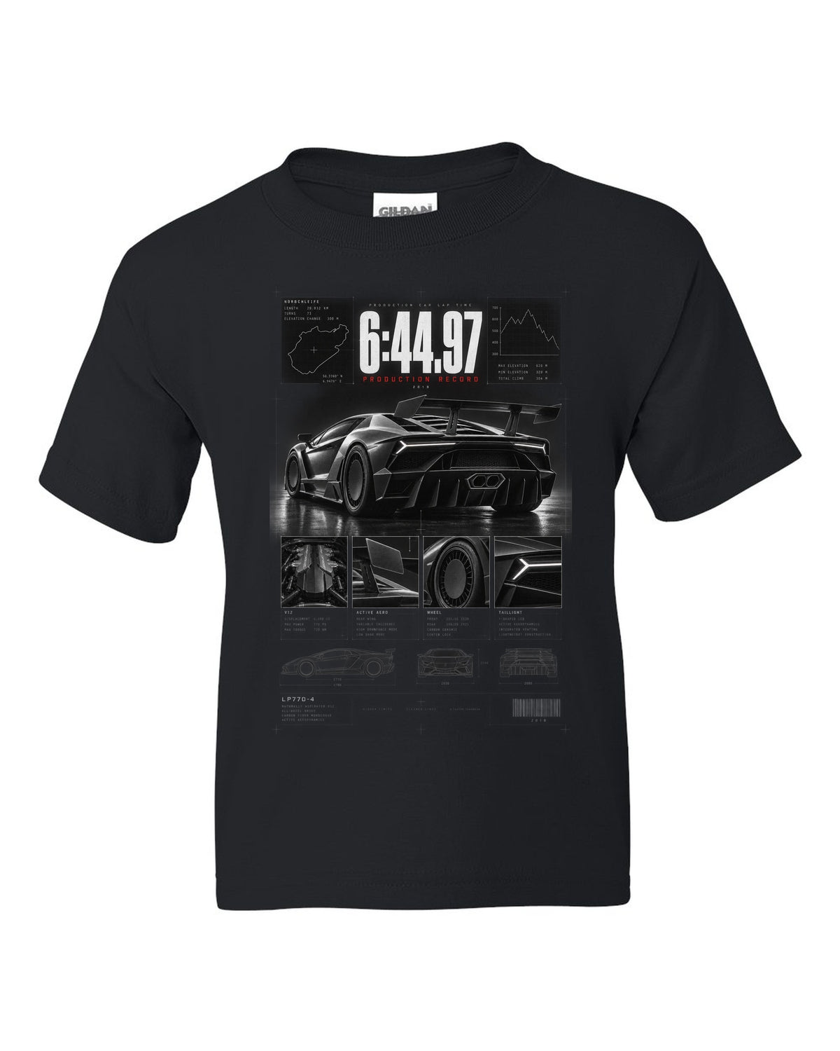 Dossier panel print of a Lamborghini Aventador SVJ LP770-4 with 6:44.97 production record text black kids tee front view with the design