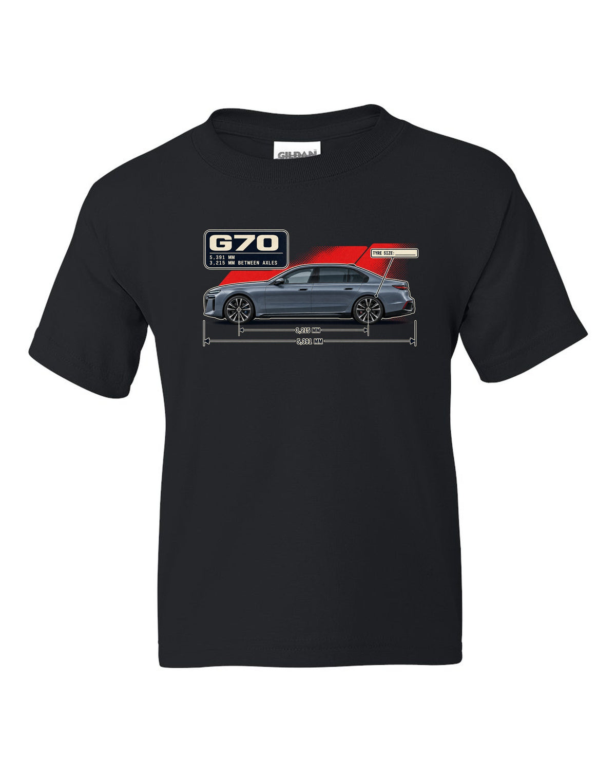 Dimension blueprint print of the BMW i7 M70 xDrive G70 black kids tee front view with the design