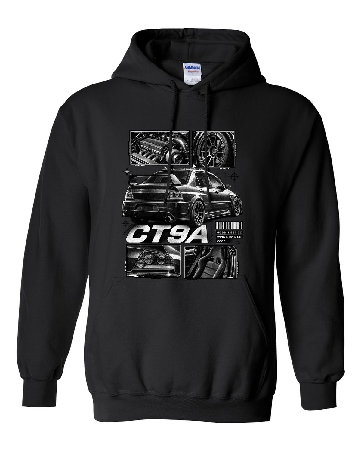 Dossier panel print of a Mitsubishi Lancer Evolution VIII IX CT9A black pull over hoodie front view with the design