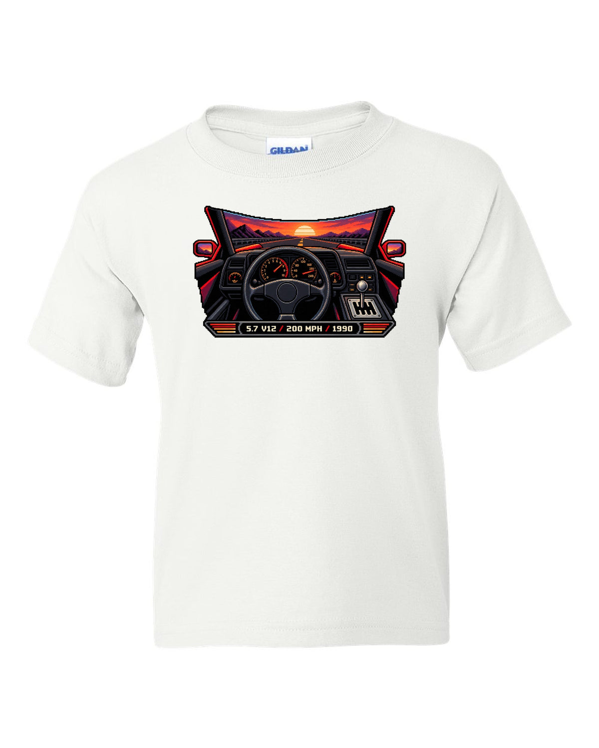 Pixel art Lamborghini Diablo from 1990 with gated shifter and 5.7 V12 200 MPH lettering white kids tee front view with the design