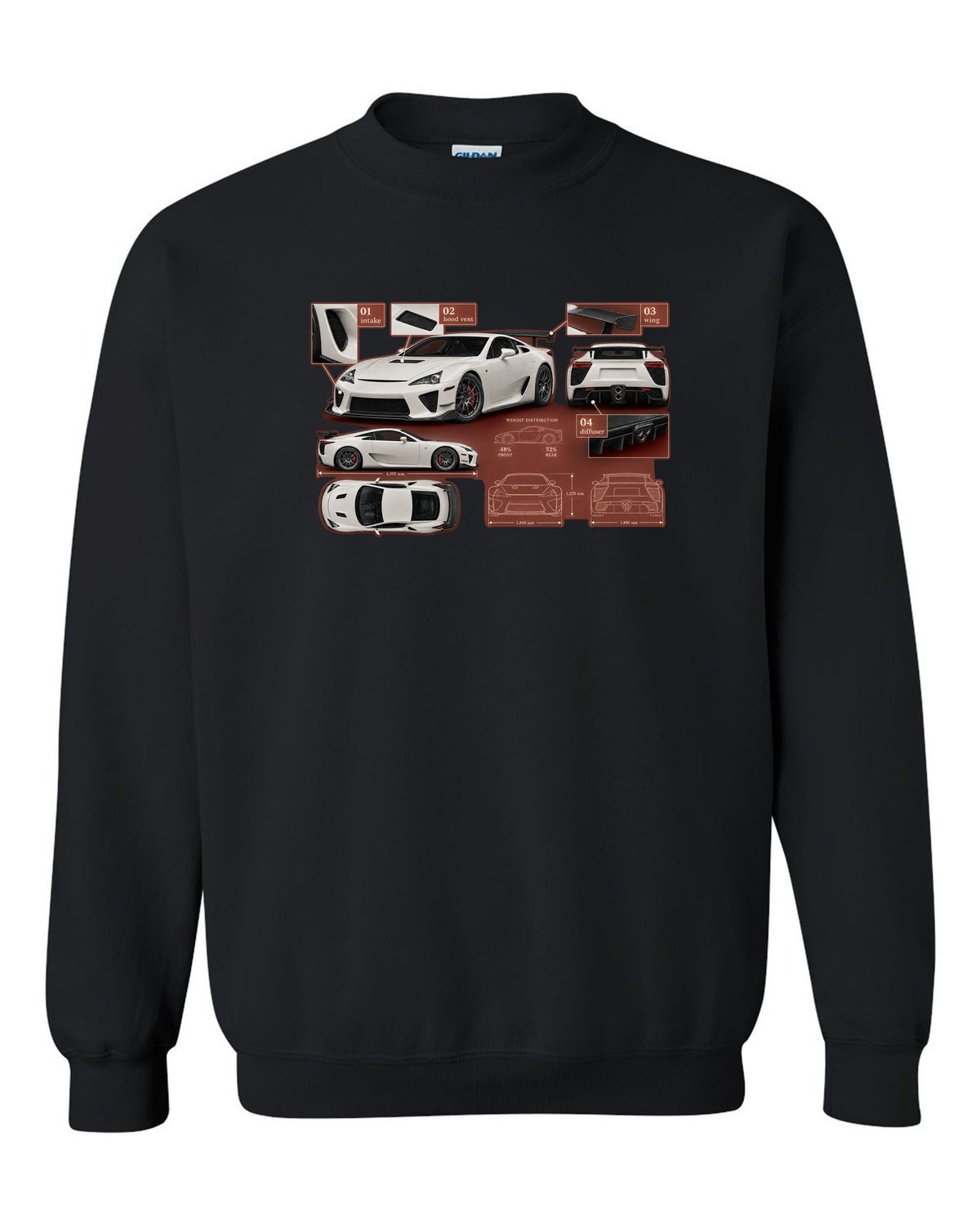 Aero callout diagram of the 2020 Lexus RC F Track Edition black crewneck front view with the design