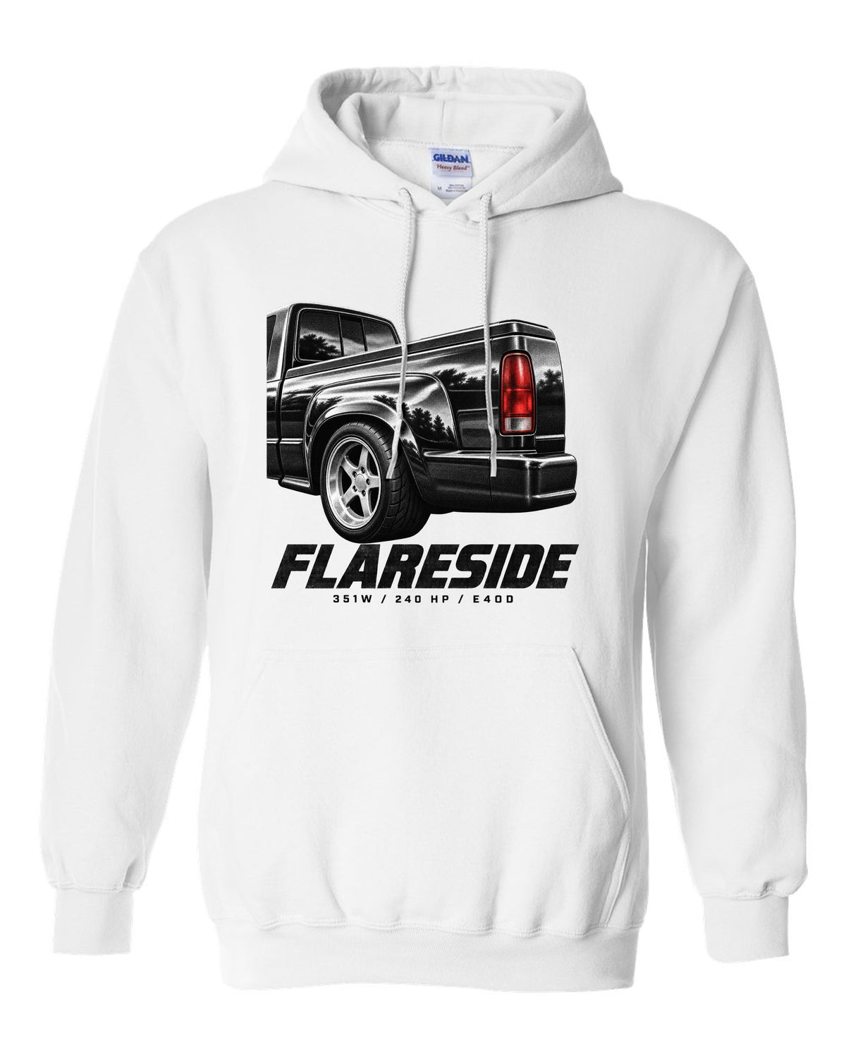 Ford F-150 SVT Lightning 1993-95 flareside taillight macro print with 351W and 240 HP white pull over hoodie front view with the design
