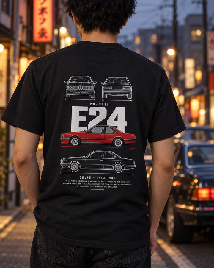 BMW E24 M635CSi coupe Blueprint Full-Back Graphic Tee, E24 Chassis Code T-Shirt Black worn hero