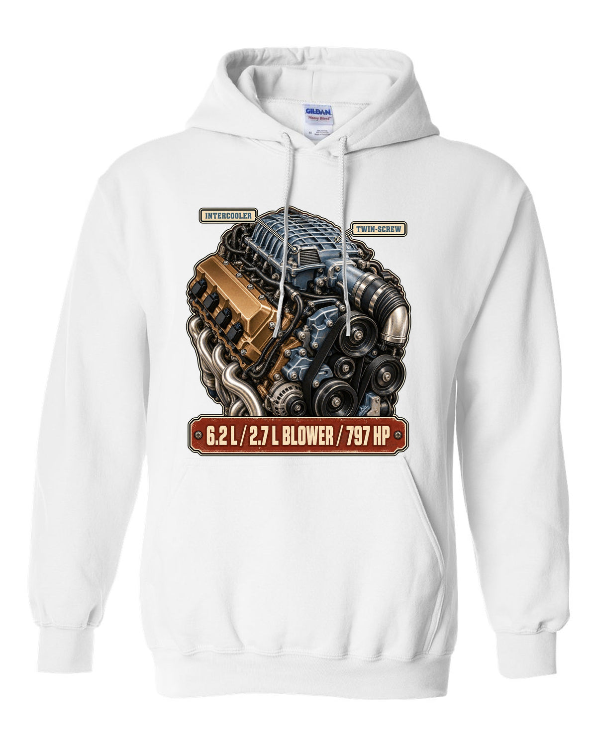 print of the supercharged 6.2L V8 from a Dodge Charger SRT Hellcat Redeye white pull over hoodie front view with the design