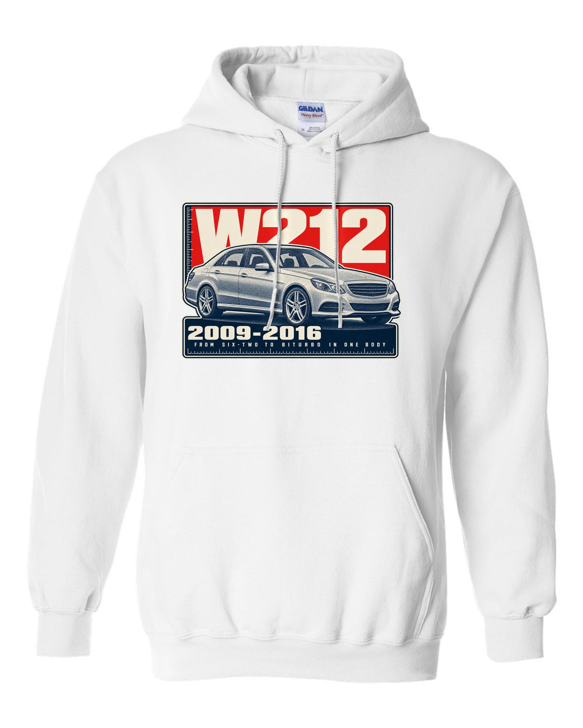 Halftone print of a Mercedes-AMG E63 W212 sedan white pull over hoodie front view with the design