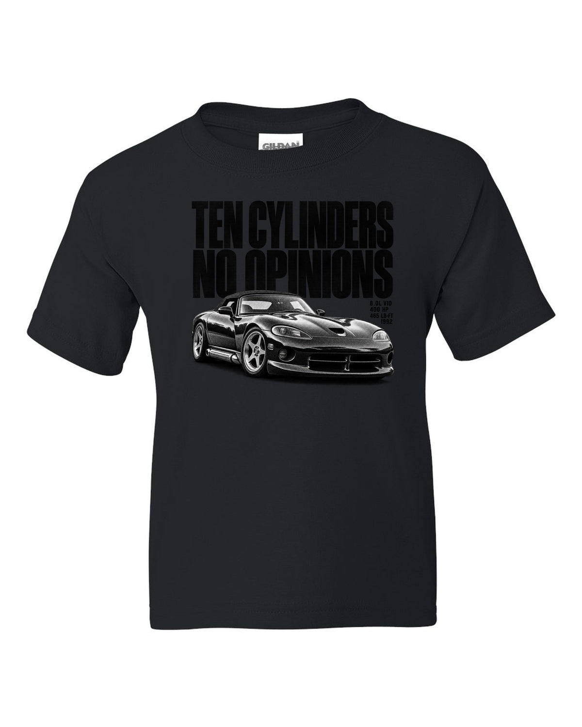 Halftone print of a 1992 Dodge Viper RT/10 SR I with the words ten cylinders, no opinions black kids tee front view with the design