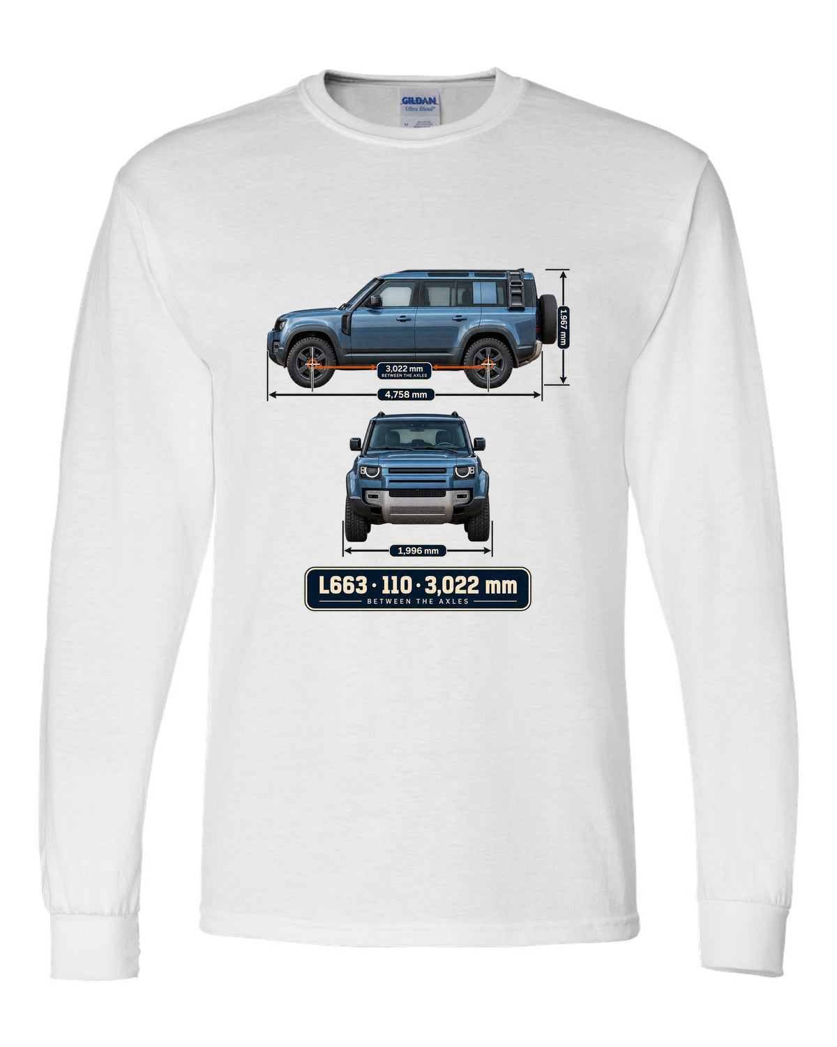 Dimension blueprint print of the Land Rover Defender 110 L663 with wheelbase white long sleeve front view with the design