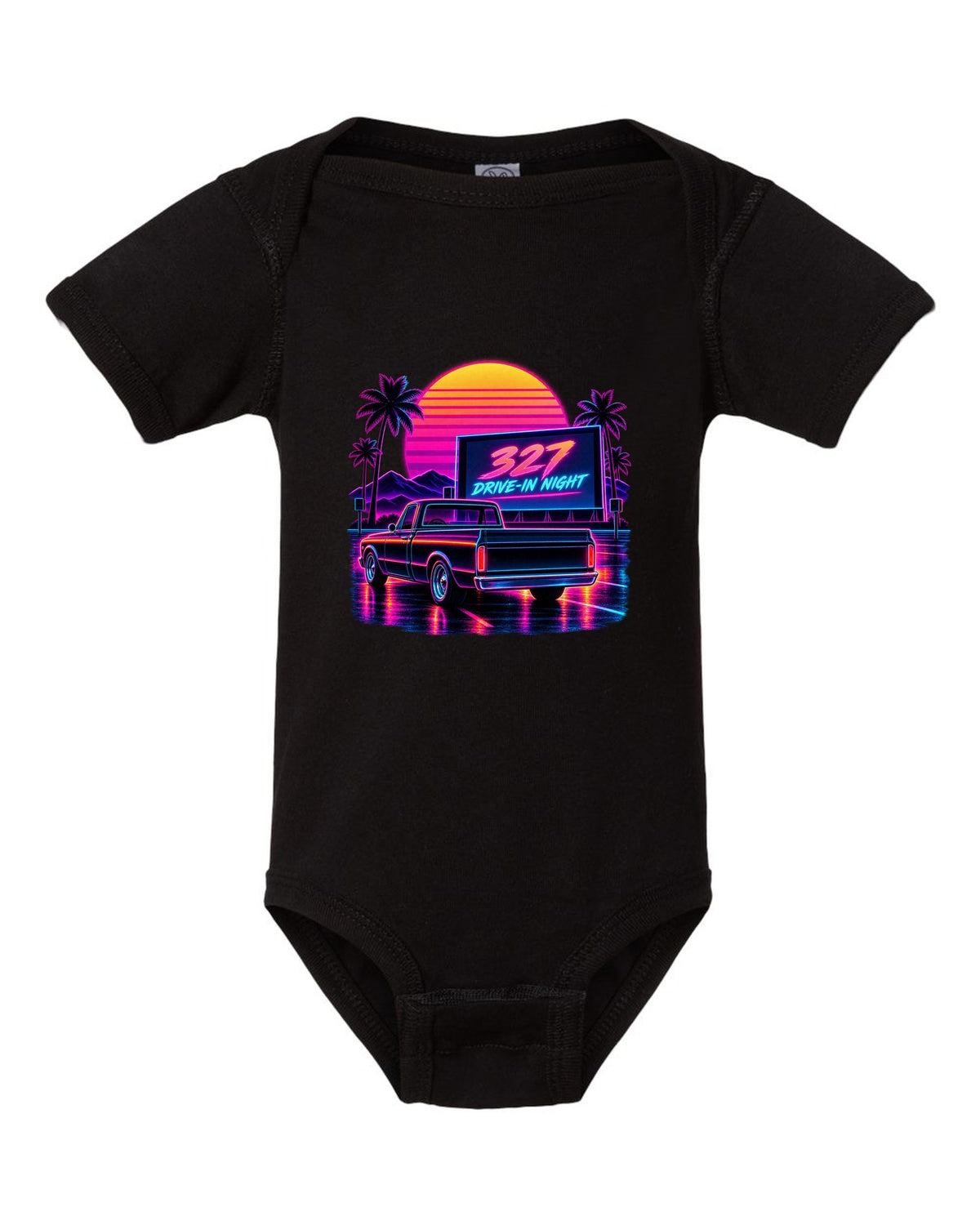 Synthwave outrun print of a 1967-72 Chevrolet C10 Action Line Fleetside at a drive-in with 327 lettering black baby onesie front view with the design