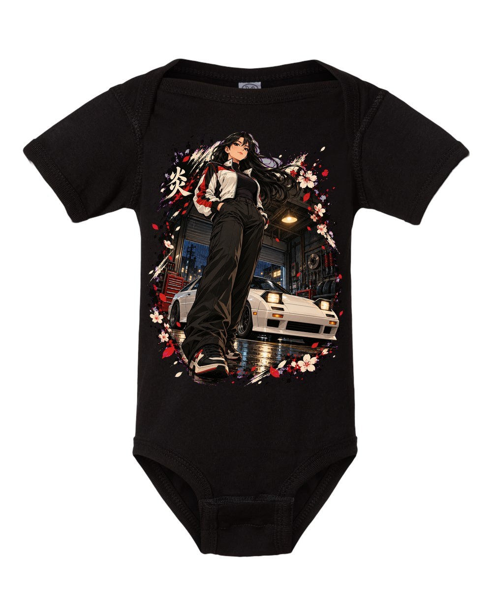 Mazda RX-7 FC Anime Girl Baby Onesie Black front
