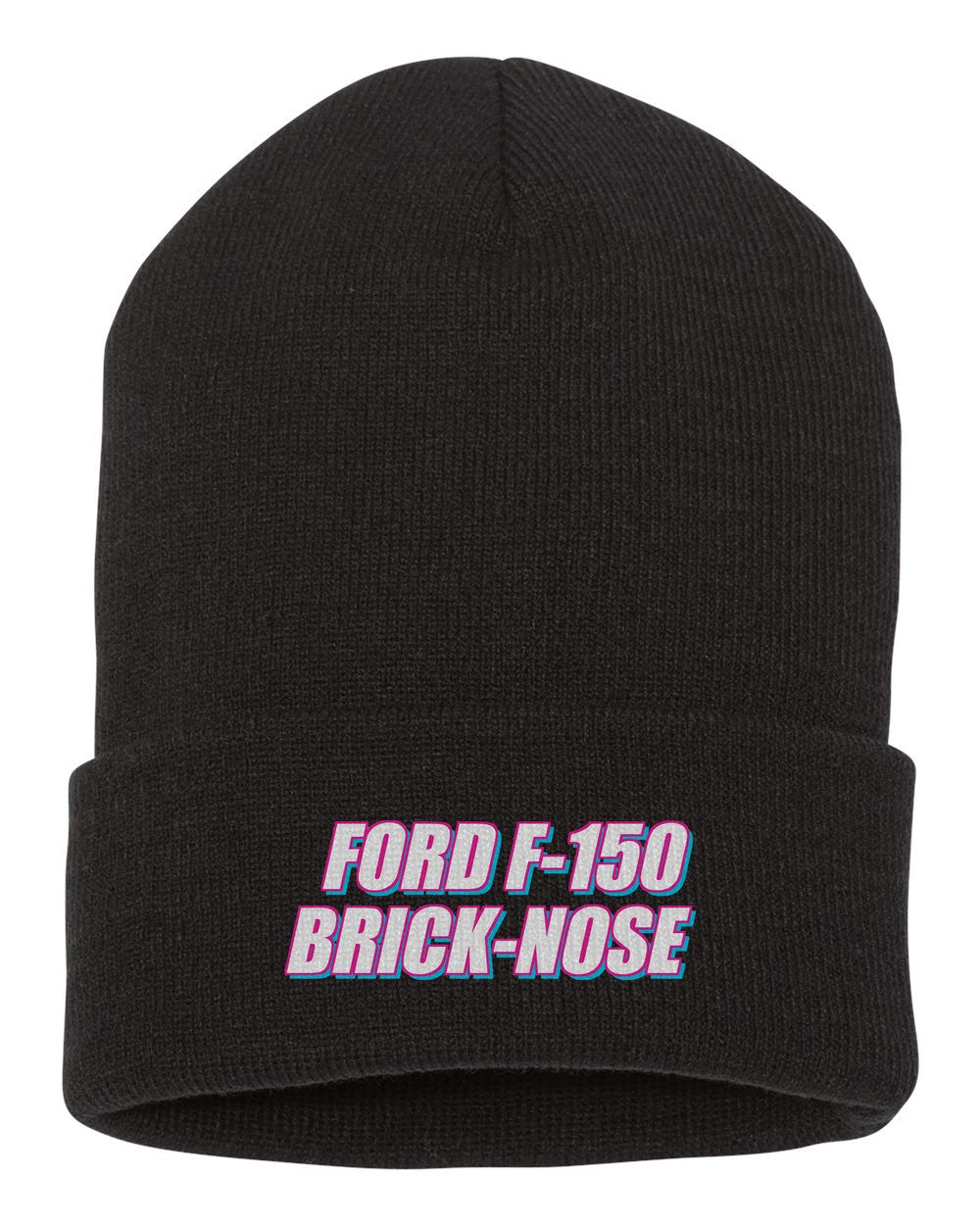 Ford F-150 Brick-Nose black beanie front view with car name