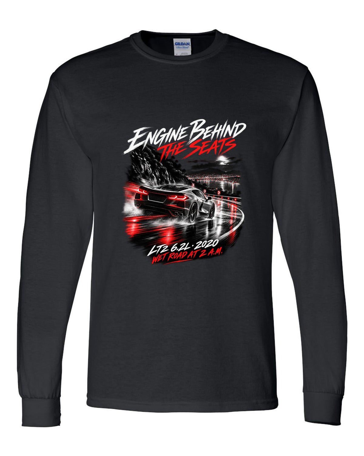 Corvette C8 Stingray driving on a wet road at night black long sleeve front view with the design