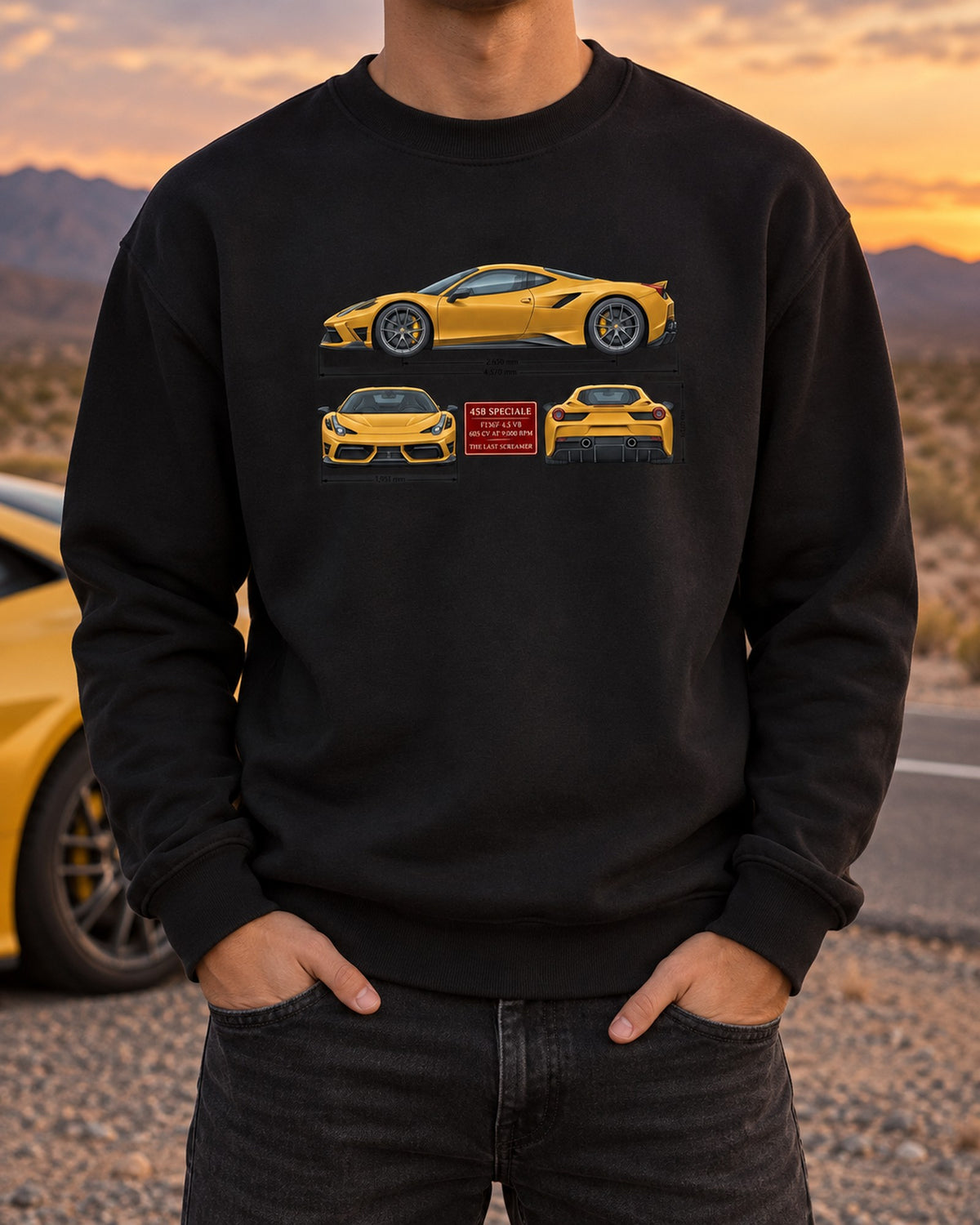 Ferrari 458 Speciale Three-View Shirt, F136FL V8 Spec Table Crewneck Black worn hero