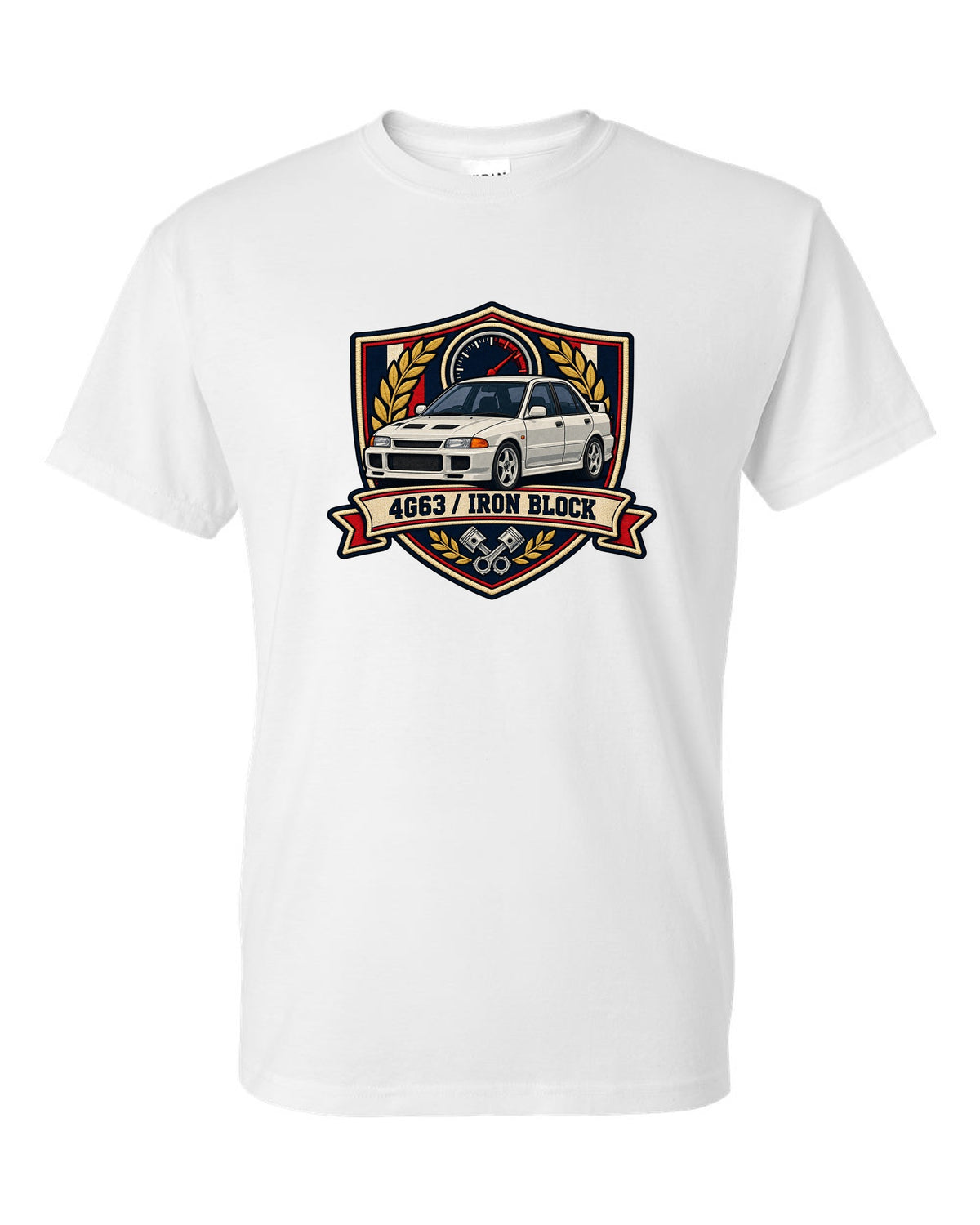 Mitsubishi Lancer Evolution I CD9A embroidered varsity crest print, 4G63 / IRON BLOCK white t-shirt front view with the design