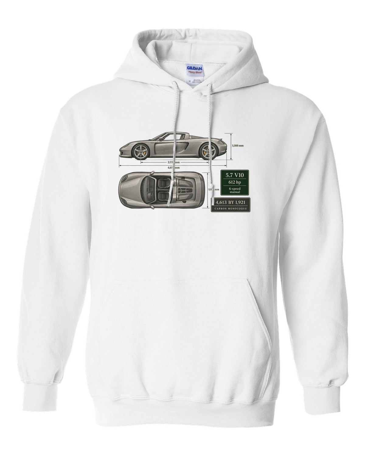 Porsche Carrera GT top view dimension blueprint print design white pull over hoodie front view with the design
