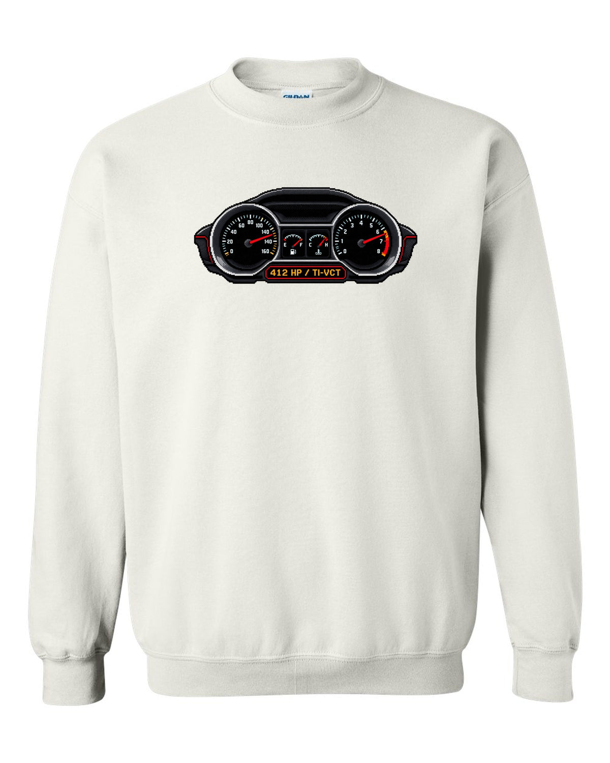 Pixel art 2005-2014 S197 Ford Mustang fastback with Coyote 412 HP gauges white crewneck front view with the design