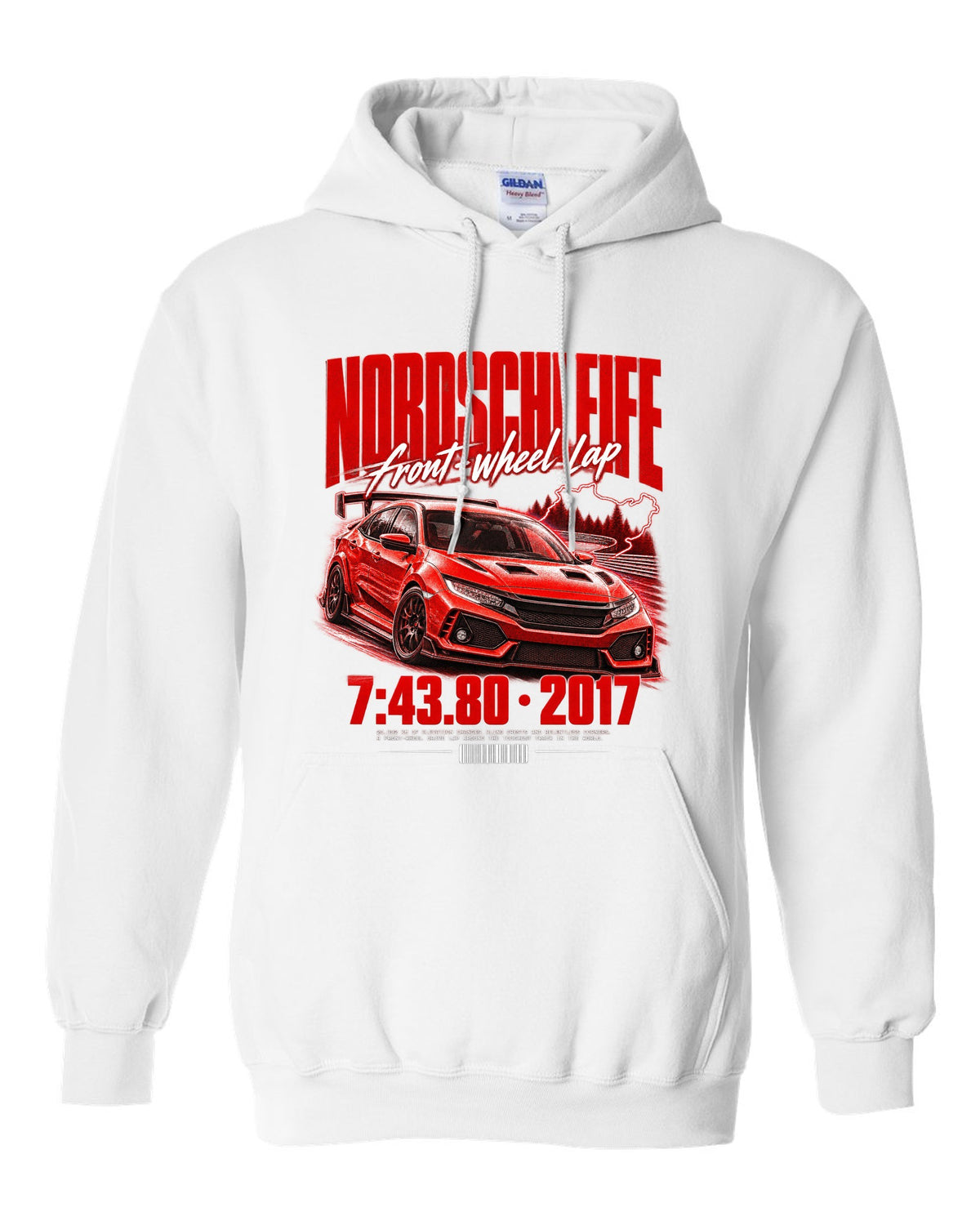 Honda Civic FK8 chback street poster with Nordschleife front-wheel lap time 7:43.80 white pull over hoodie front view with the design