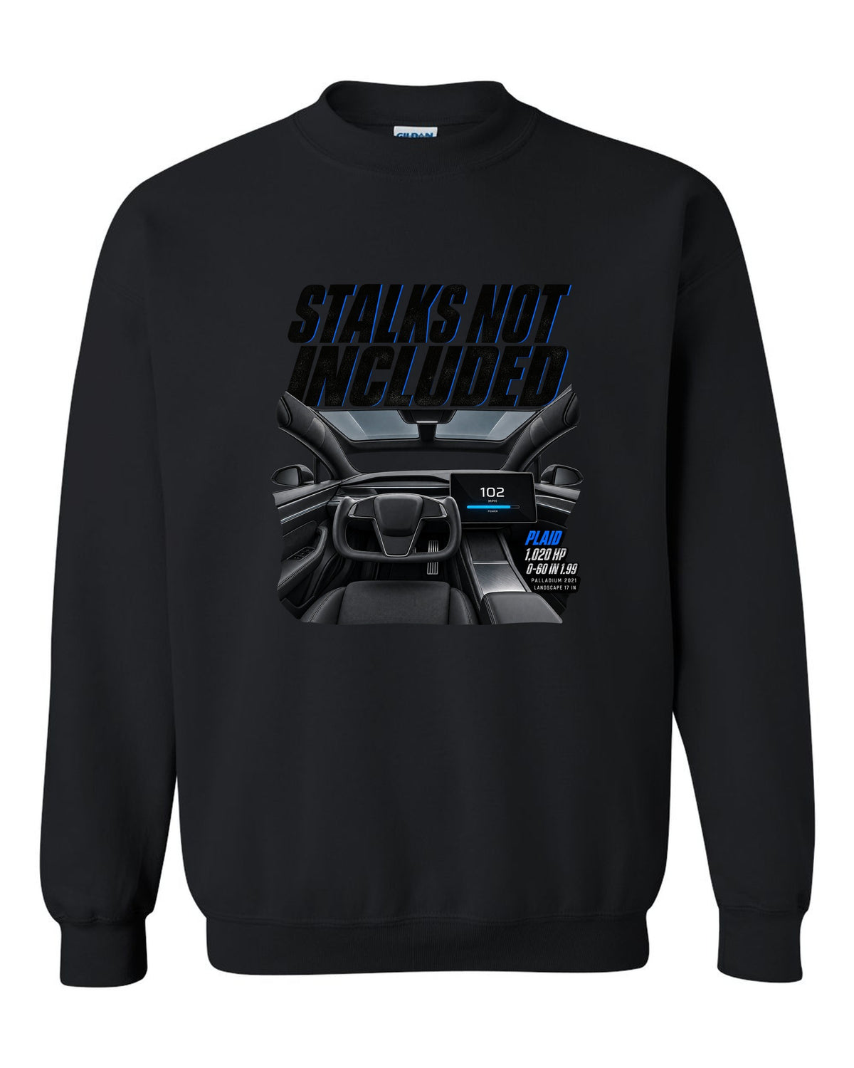 Cockpit print of a 2021 Tesla Model S Plaid Palladium with yoke and landscape screen black crewneck front view with the design