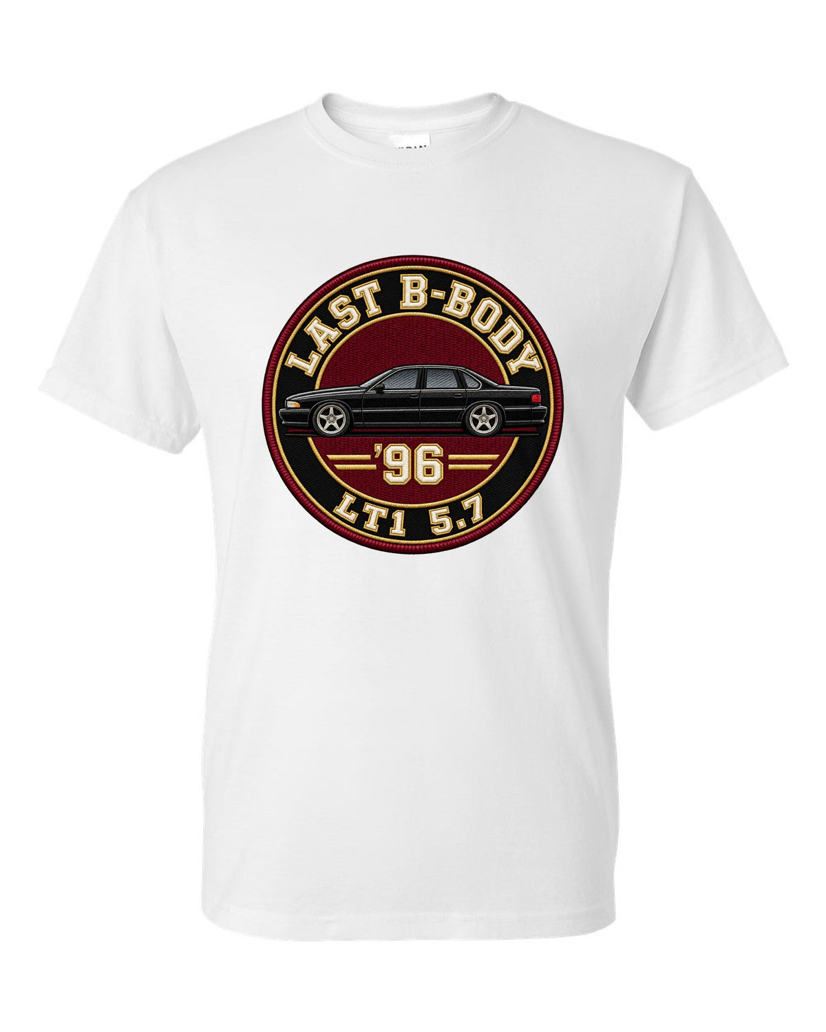 Varsity crest print for the 1996 Chevrolet Impala SS reading Last B-Body, '96, LT1 5.7 white t-shirt front view with the design