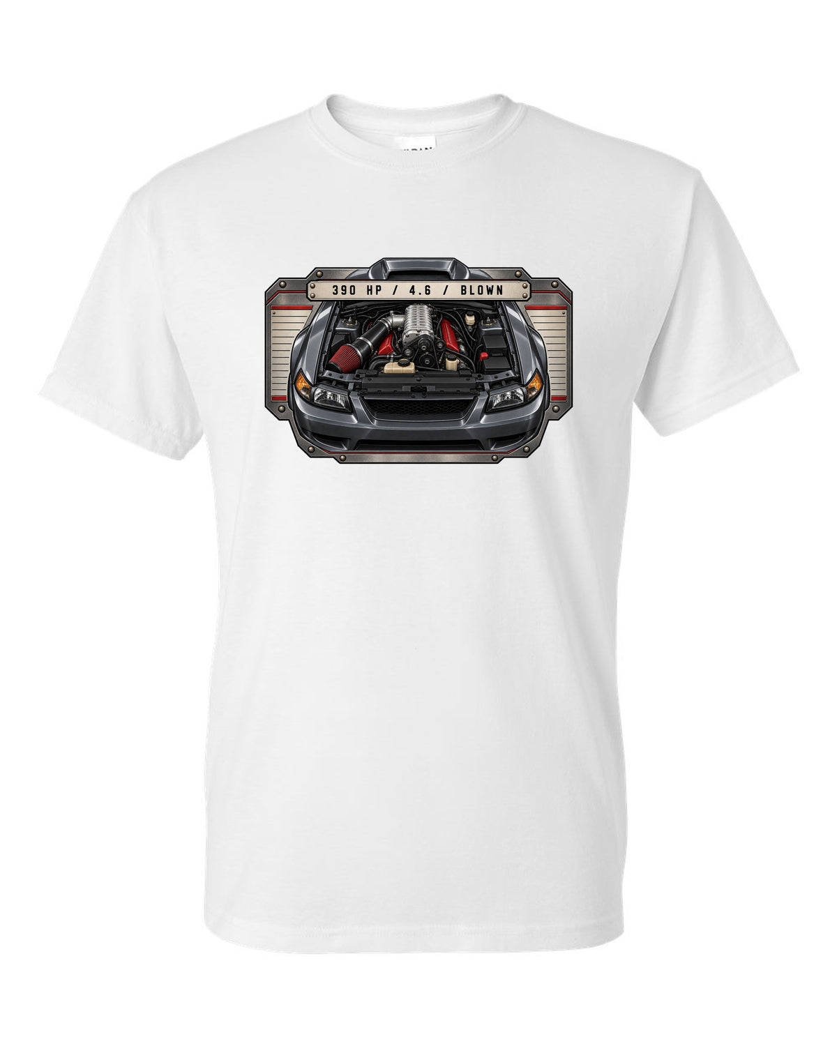 print spec plate design for the 2003-04 New Edge Mustang supercharged 4.6 V8 with 390 HP white t-shirt front view with the design
