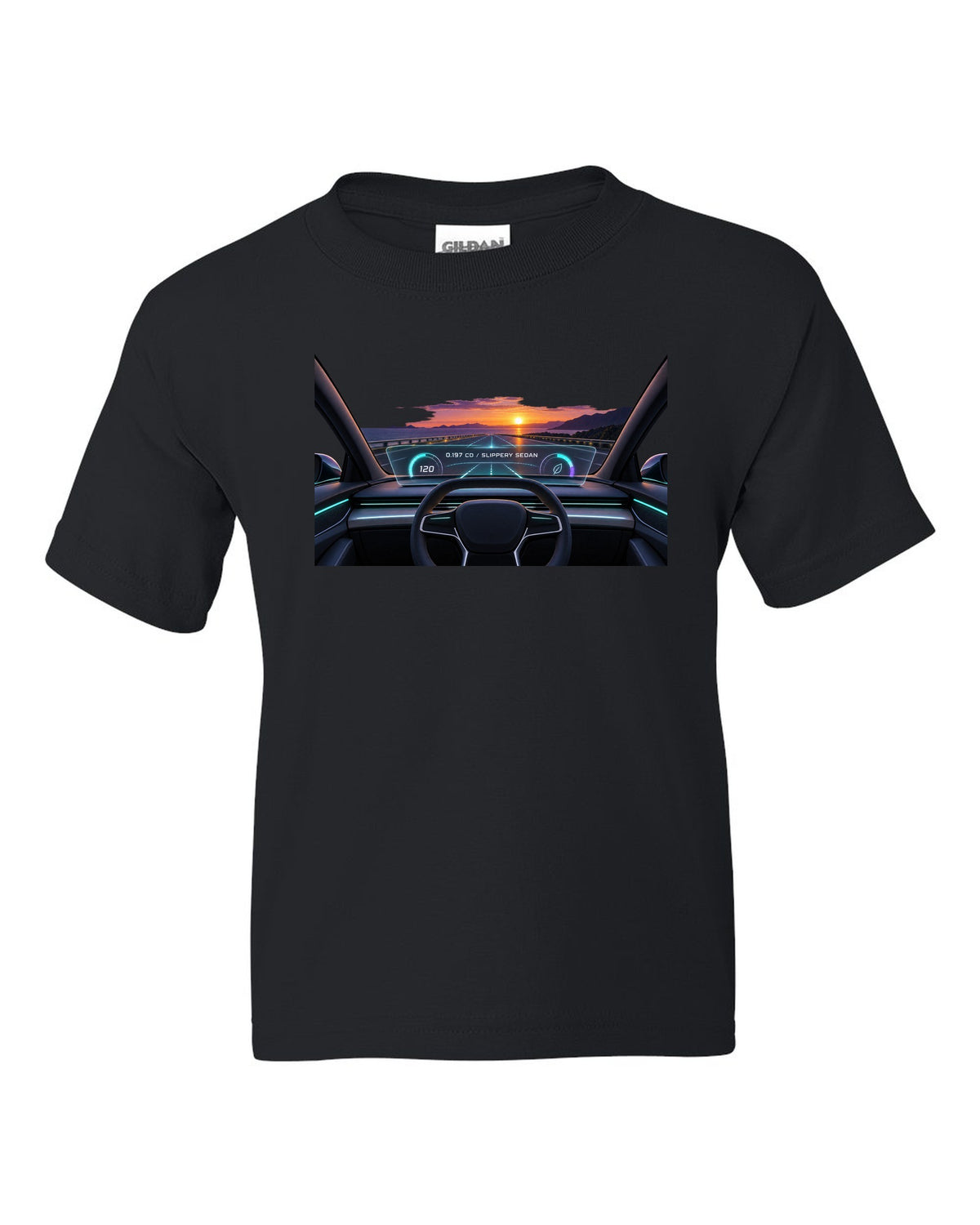 Lucid Air Sapphire gauge cluster HUD print with the text 0.197 Cd slippery sedan black kids tee front view with the design