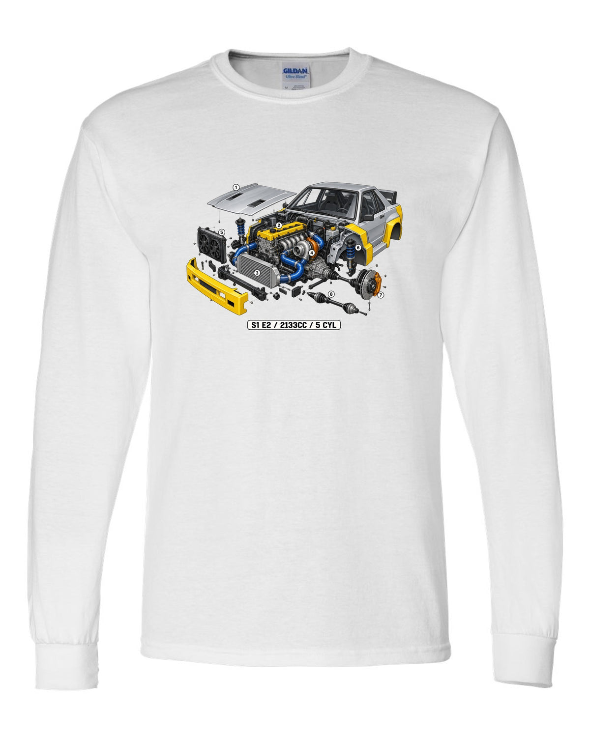 Isometric cutaway of the Audi S1 E2 five-cylinder engine, 2133cc white long sleeve front view with the design