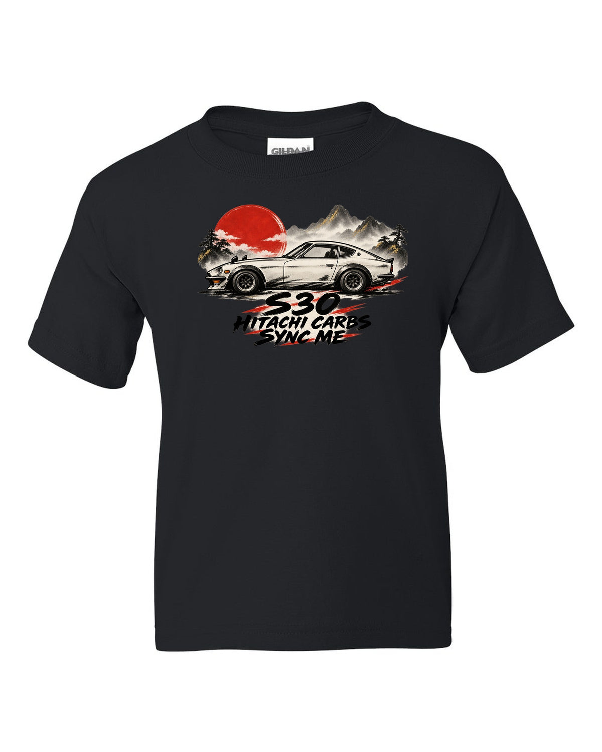 Sumi-e ink wash profile of a 1972 Datsun 240Z S30 with red accents black kids tee front view with the design