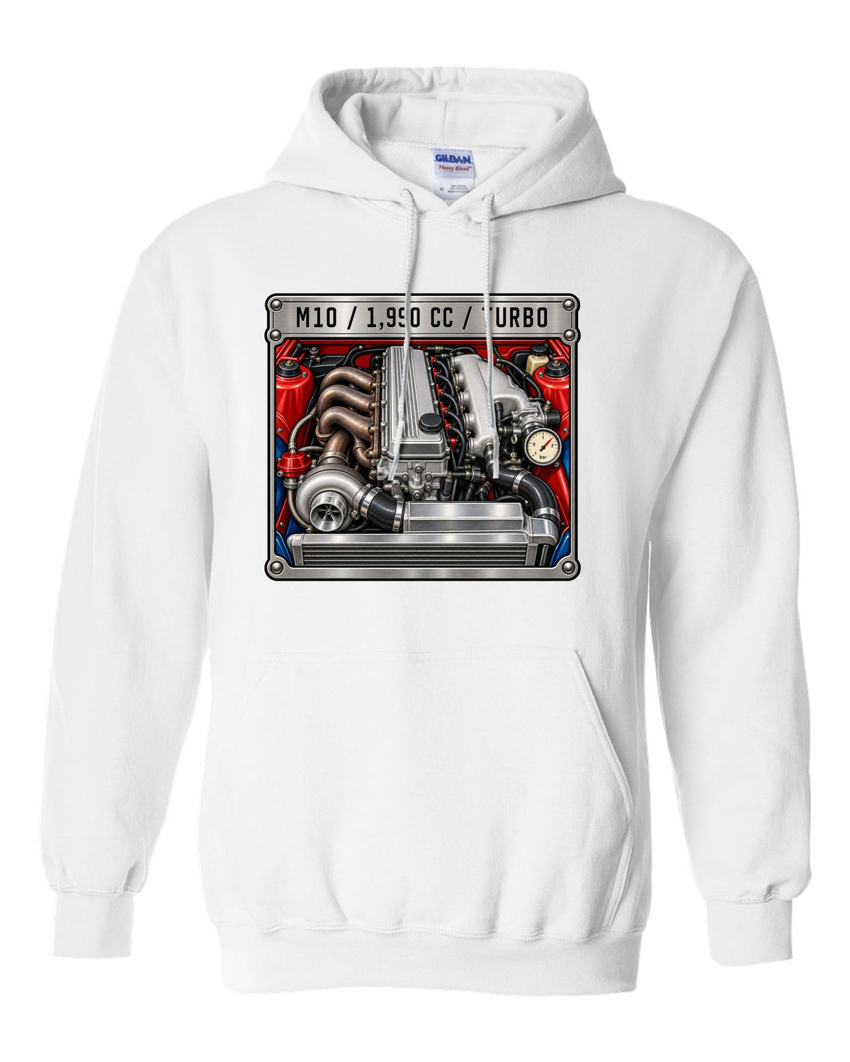 BMW 2002 turbo M10 engine spec data plate print with 1,990 cc text white pull over hoodie front view with the design