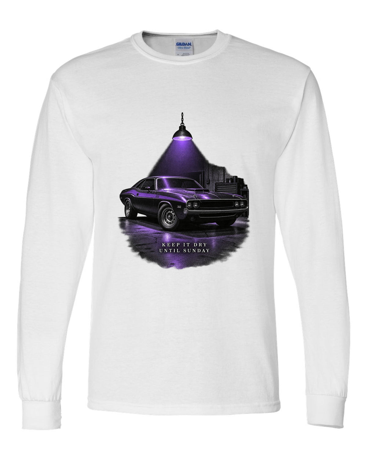 Garage night print of a Plum Crazy 1970 Dodge Challenger R/T with keep it dry until Sunday text white long sleeve front view with the design