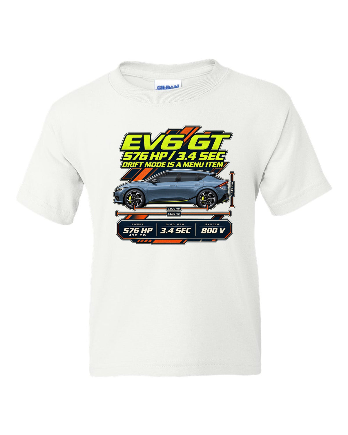 Kia EV6 GT spec poster print on a shirt white kids tee front view with the design