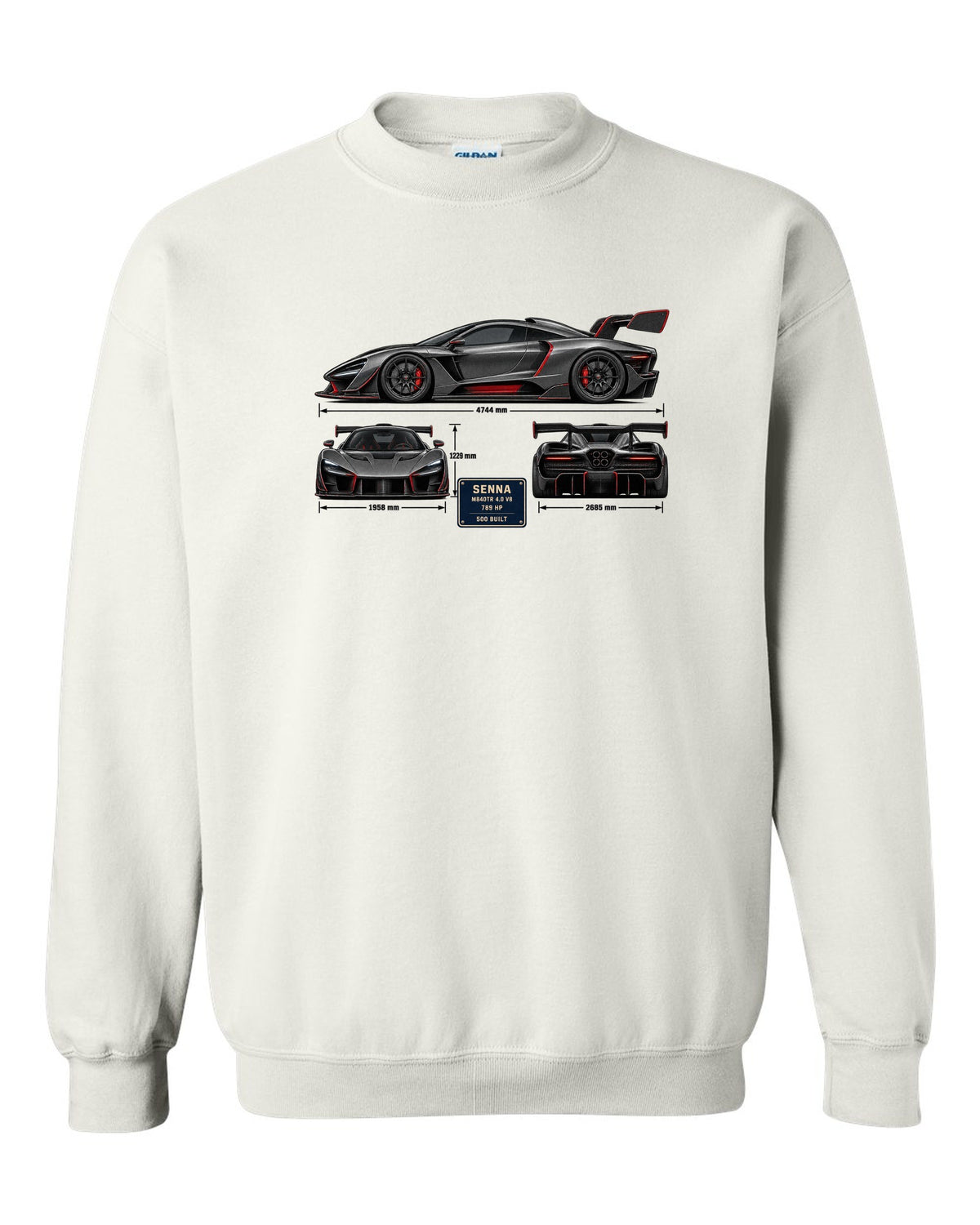 Three-view and spec table print of a McLaren Senna in graphite and red white crewneck front view with the design