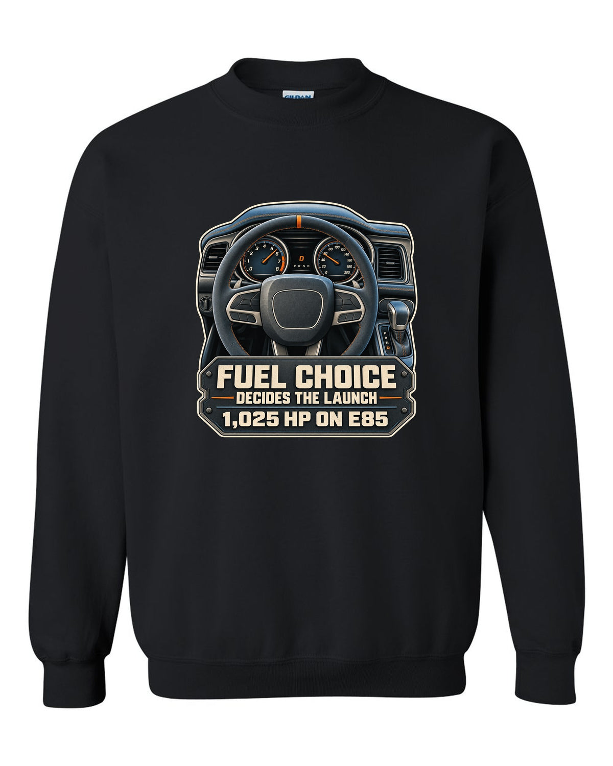 Dodge Challenger SRT Demon 170 cockpit gauge print with E85 1,025 HP text black crewneck front view with the design