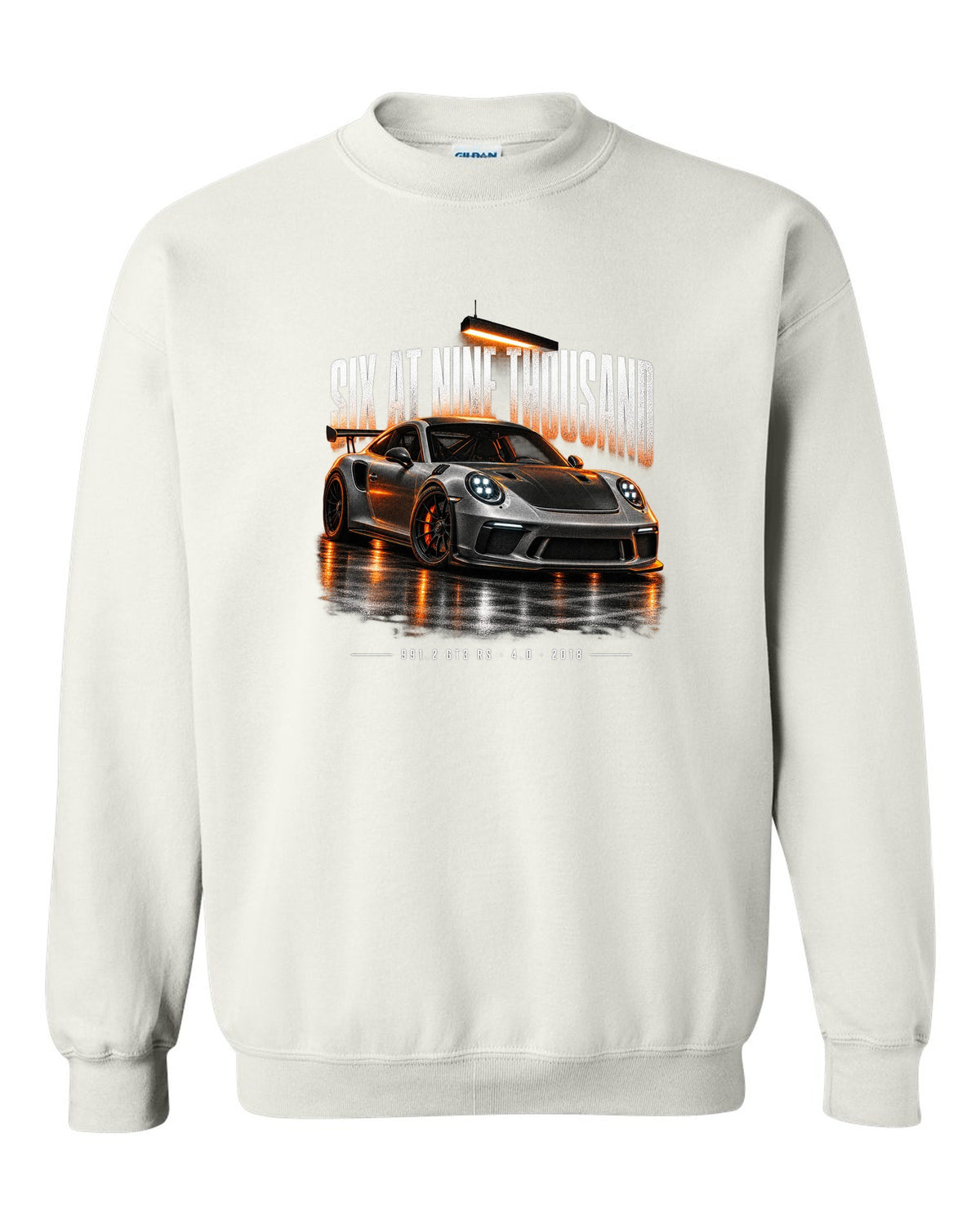 Garage night poster print of a 2018 Porsche 911 GT3 RS 991.2 white crewneck front view with the design