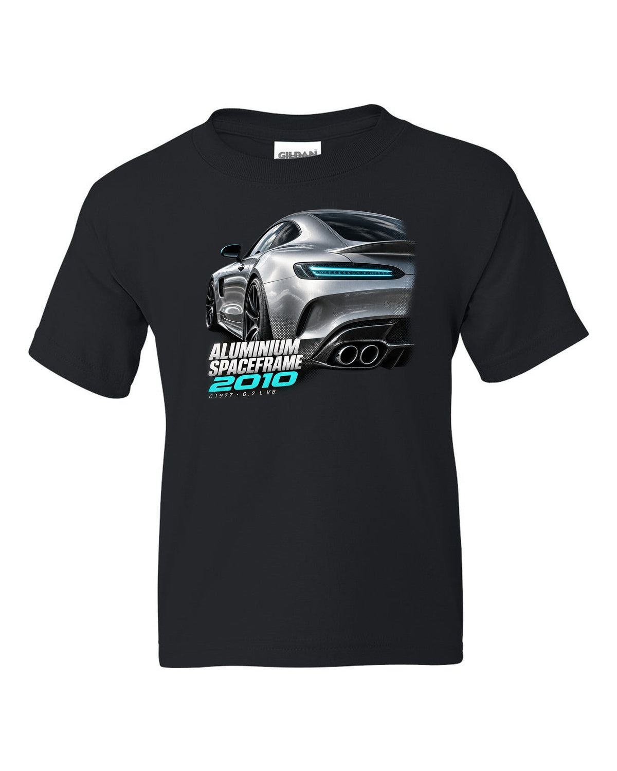 Taillight macro print of a Mercedes SLS AMG C197 with Aluminium Spaceframe 2010 lettering black kids tee front view with the design