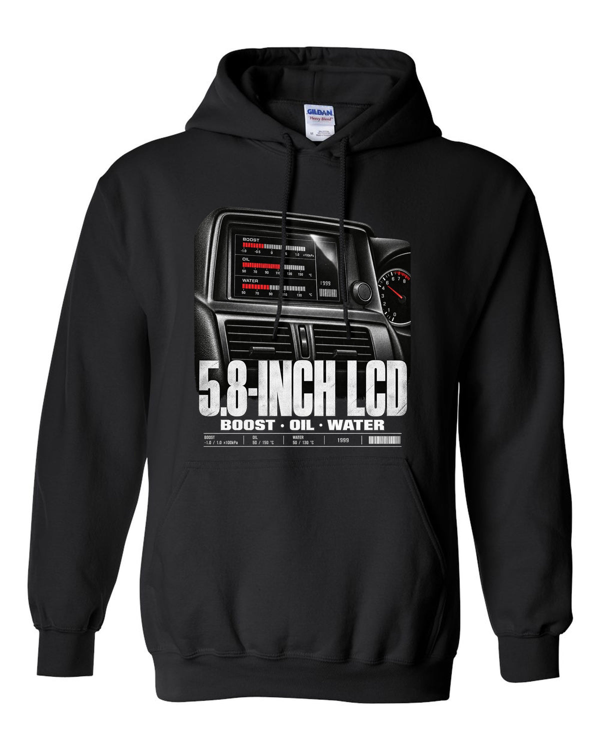 Multifunction display screen of a Nissan Skyline GT-R R34 showing boost, oil and water readings black pull over hoodie front view with the design