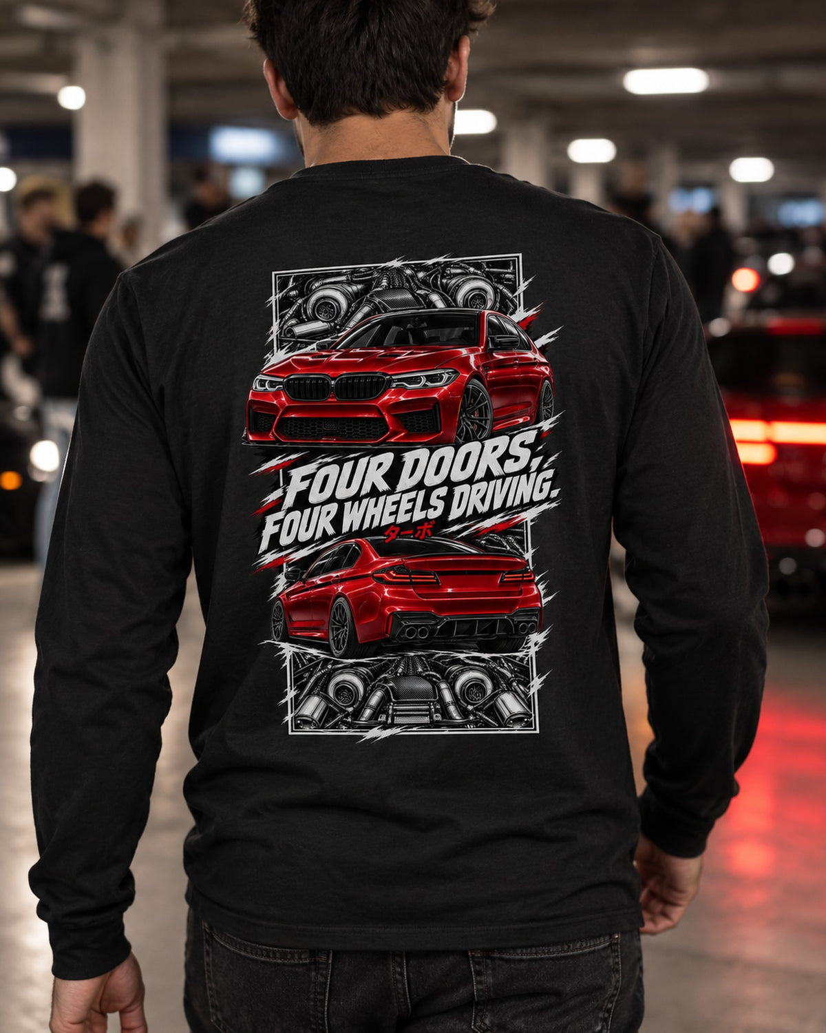 BMW F90 M5 Torn Poster Full-Back Graphic Tee Long Sleeve Black worn hero