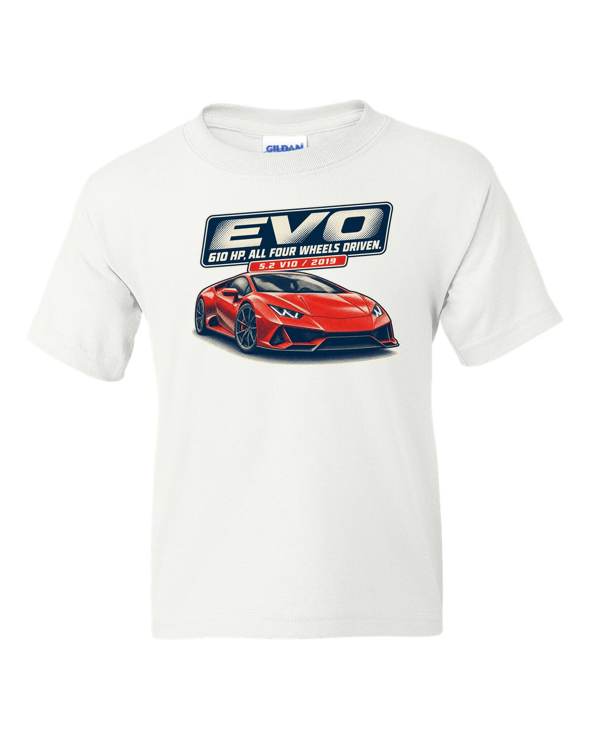 Halftone print of the Lamborghini Huracan EVO white kids tee front view with the design