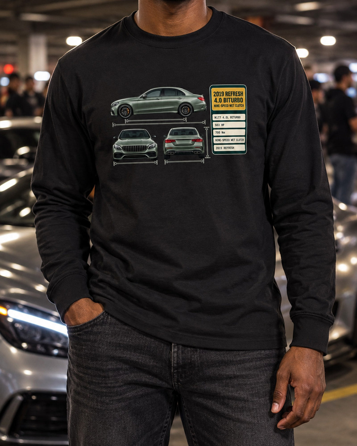 Mercedes-AMG C63 S W205 Facelift Spec Poster Shirt, Car Guy Gift Long Sleeve Black worn hero