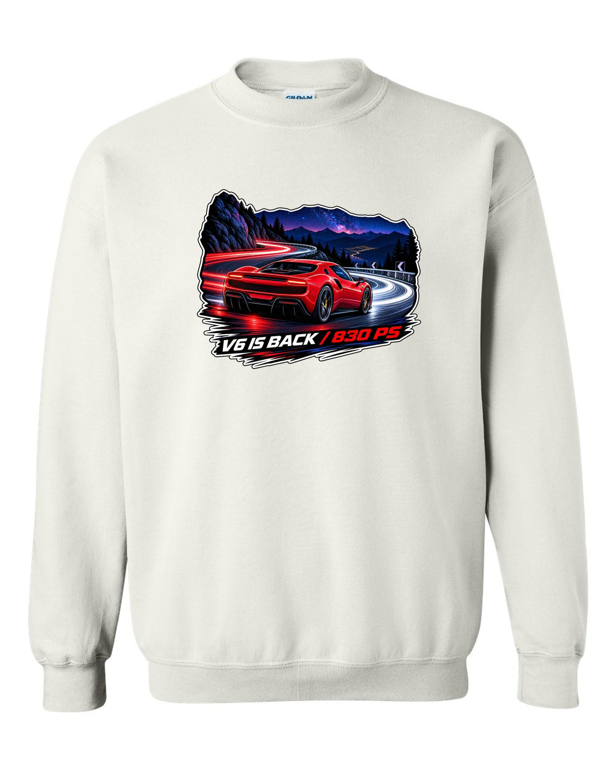 Long-exposure light trail print of the Ferrari 296 GTB with V6 is back text white crewneck front view with the design