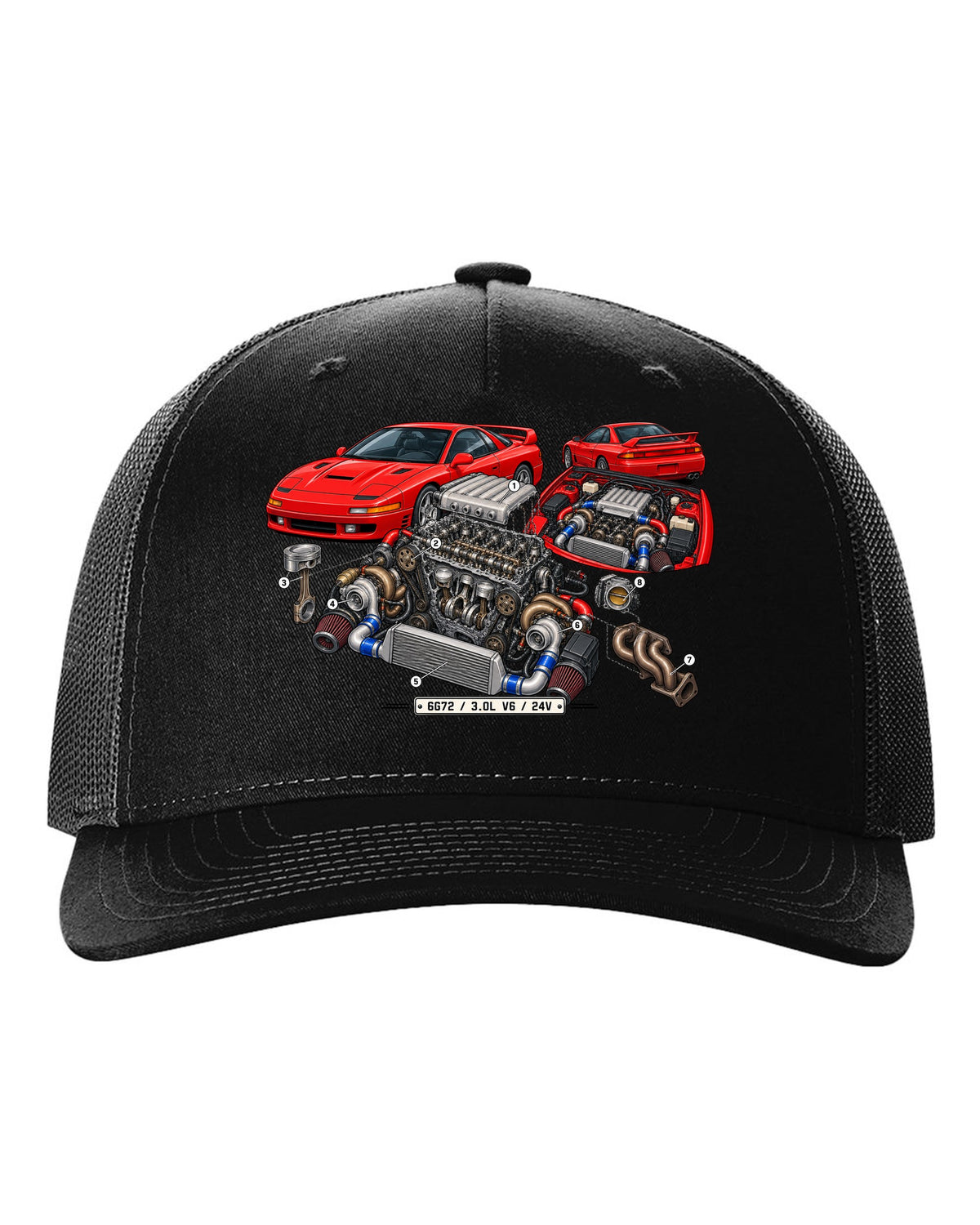 Exploded engine cutaway print of the 6G72 V6 for the Mitsubishi 3000GT VR-4 with 3.0L 24V text black hat front view with the design
