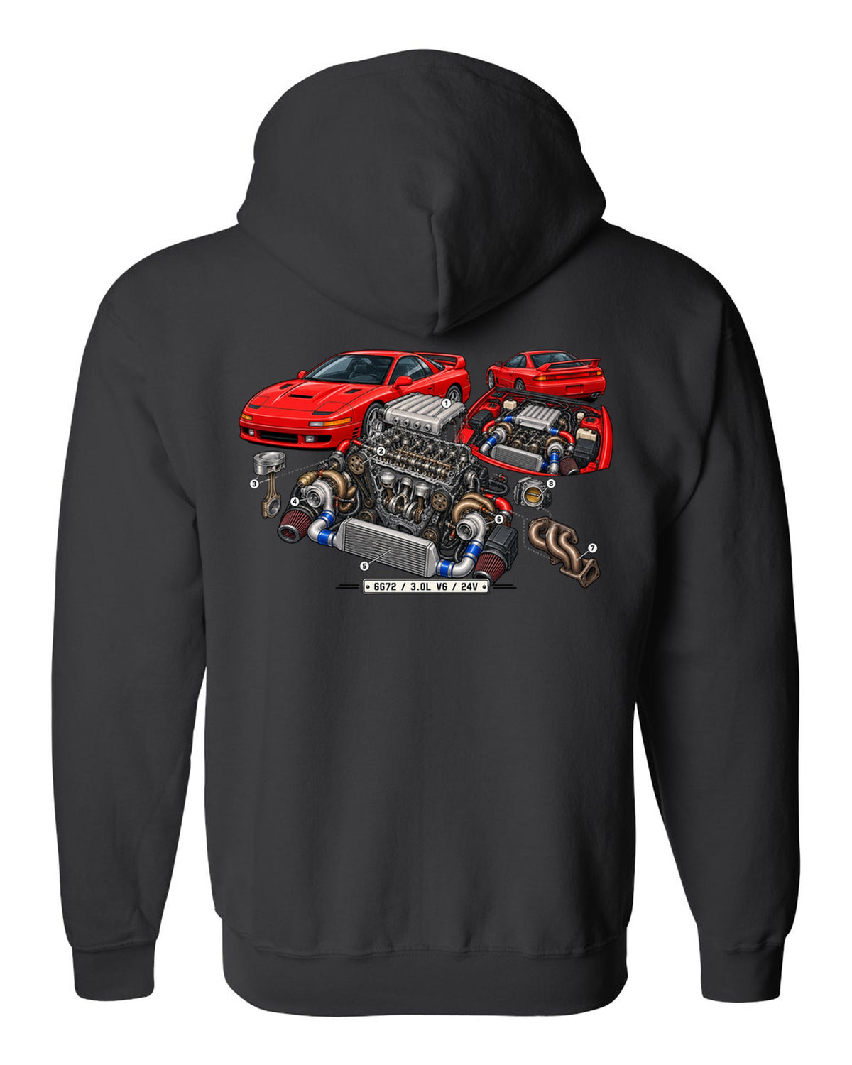 Exploded engine cutaway print of the 6G72 V6 for the Mitsubishi 3000GT VR-4 with 3.0L 24V text black zip hoodie back view with the design