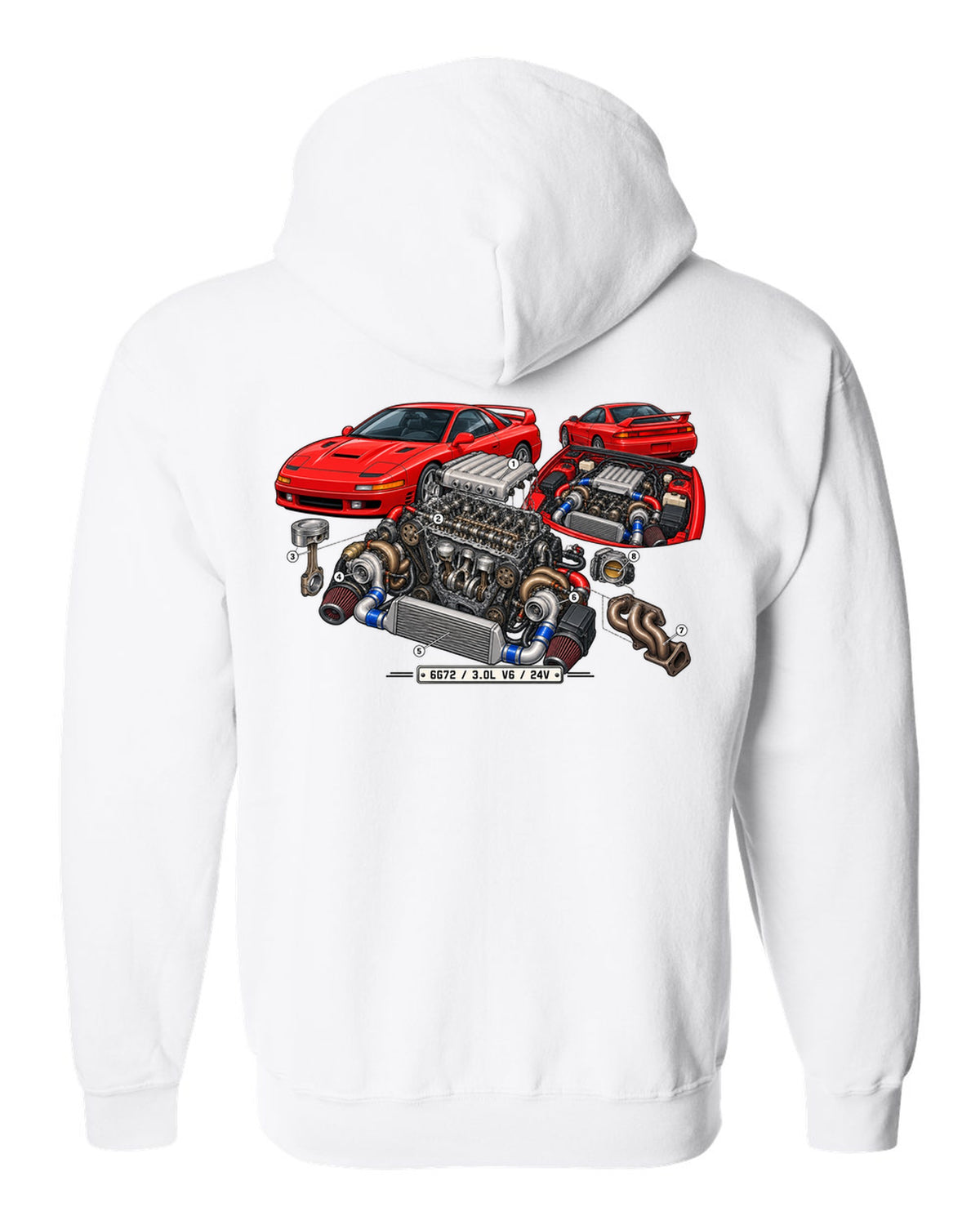 Exploded engine cutaway print of the 6G72 V6 for the Mitsubishi 3000GT VR-4 with 3.0L 24V text white zip hoodie back view with the design