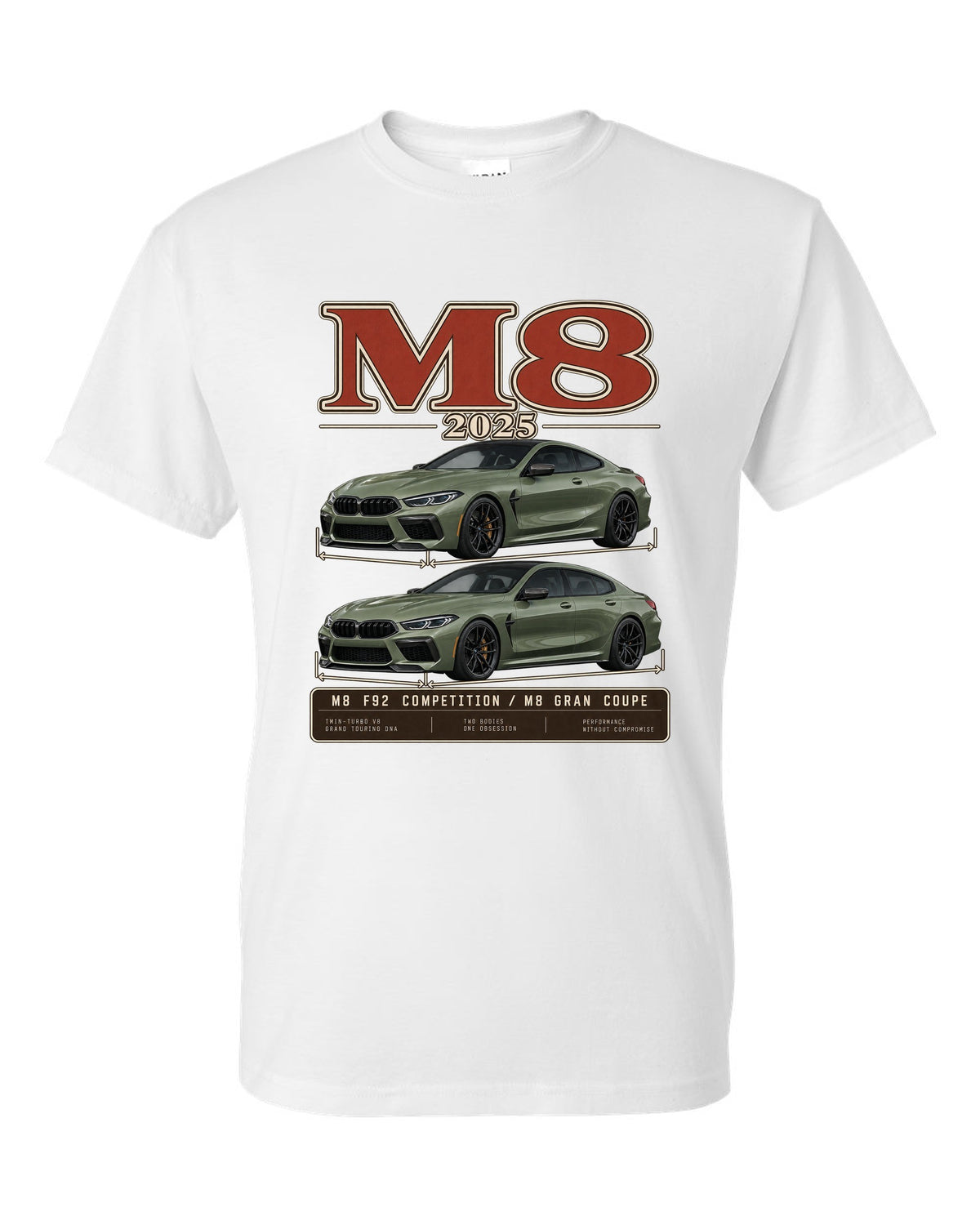 BMW M5 Touring 2025 archive panel print on a tee white t-shirt front view with the design