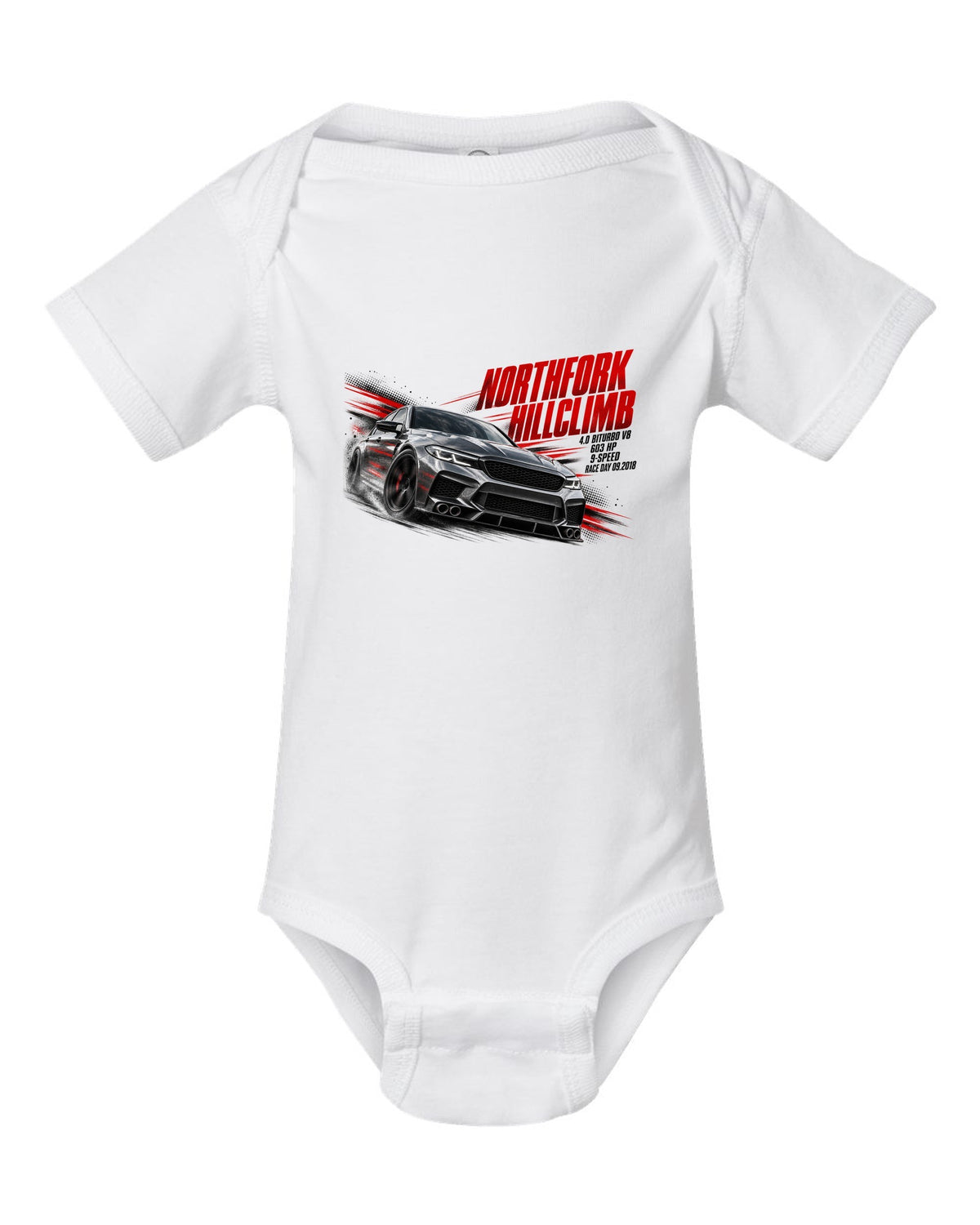 print race poster of a Mercedes W213 E63 S sedan for a hillclimb with text 4.0 Biturbo race day 09.2018 white baby onesie front view with the design