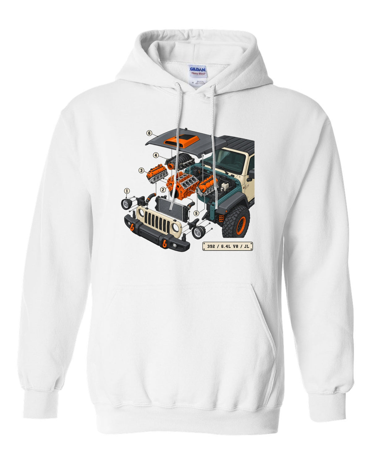 Jeep Wrangler JL Rubicon 392 6.4L V8 isometric exploded engine diagram with callouts white pull over hoodie front view with the design