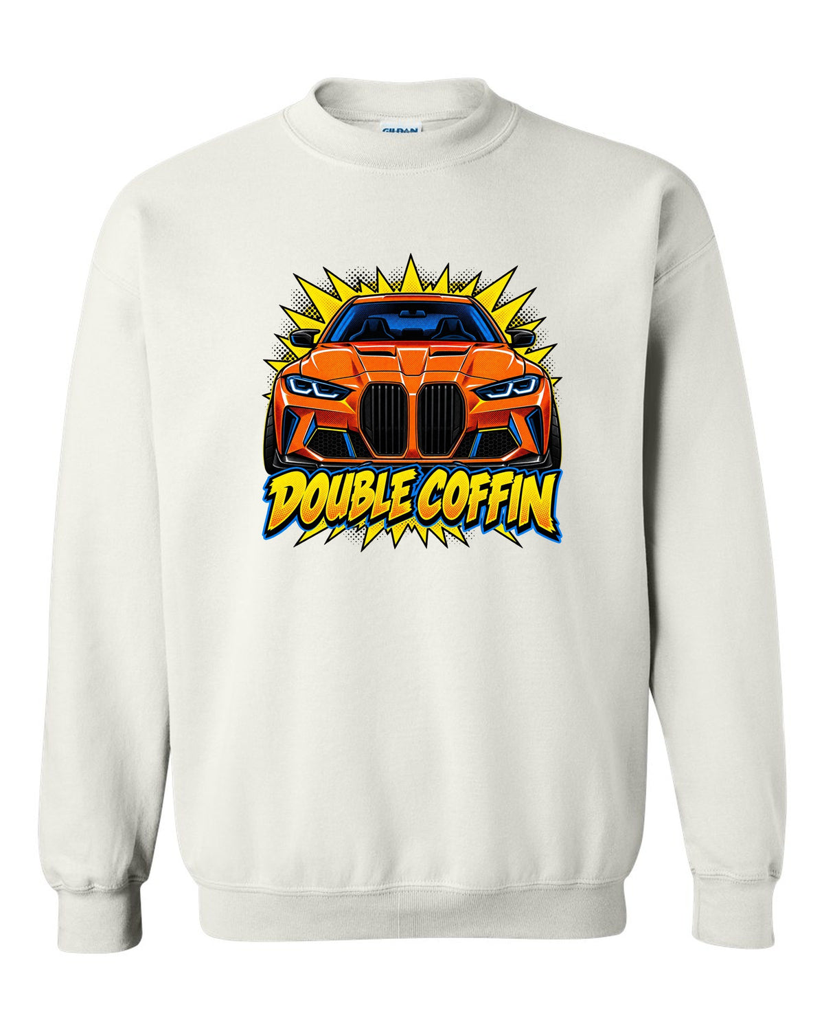BMW G80 M3 head-on comic halftone pop art print with Double Coffin text white crewneck front view with the design